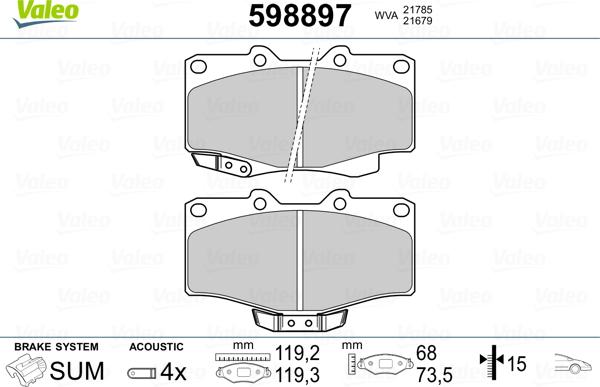 Valeo 598897 - Тормозные колодки, дисковые, комплект www.autospares.lv