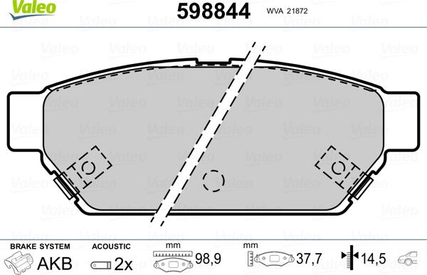 Valeo 598844 - Тормозные колодки, дисковые, комплект www.autospares.lv