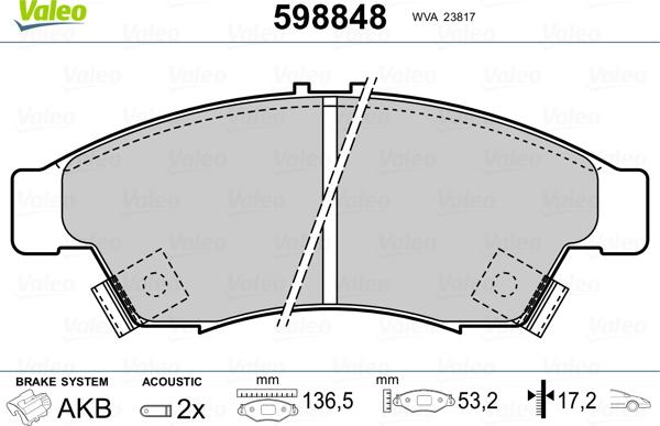 Valeo 598848 - Тормозные колодки, дисковые, комплект www.autospares.lv