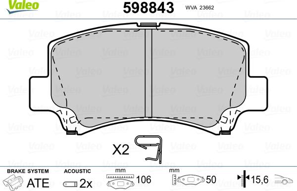 Valeo 598843 - Bremžu uzliku kompl., Disku bremzes www.autospares.lv