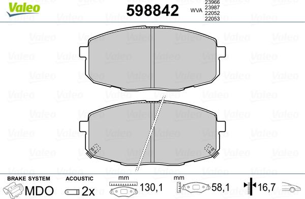 Valeo 598842 - Brake Pad Set, disc brake www.autospares.lv