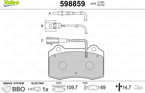 Valeo 598859 - Тормозные колодки, дисковые, комплект www.autospares.lv