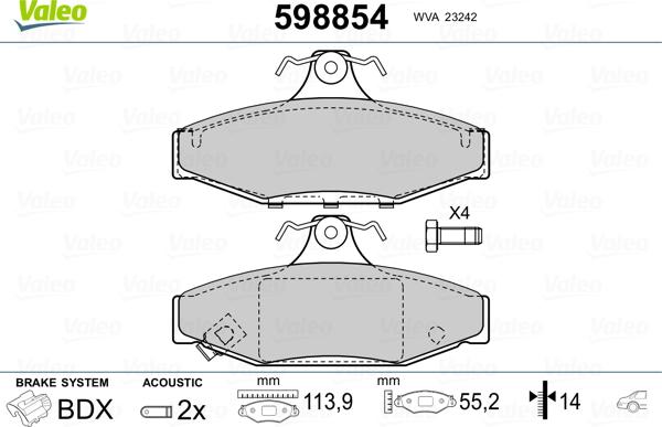 Valeo 598854 - Тормозные колодки, дисковые, комплект www.autospares.lv