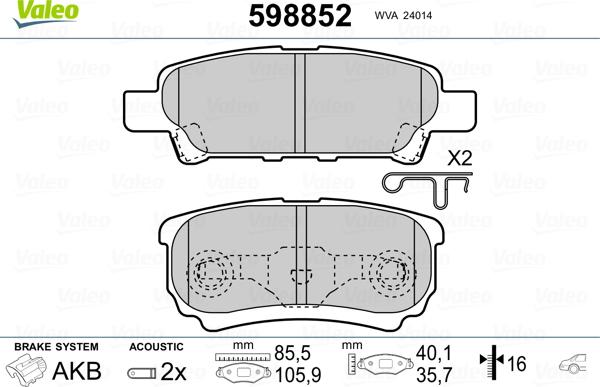 Valeo 598852 - Brake Pad Set, disc brake www.autospares.lv