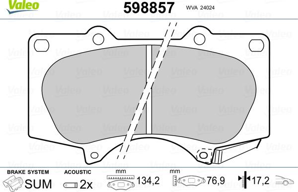 Valeo 598857 - Brake Pad Set, disc brake www.autospares.lv