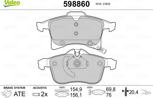 Valeo 598860 - Тормозные колодки, дисковые, комплект www.autospares.lv