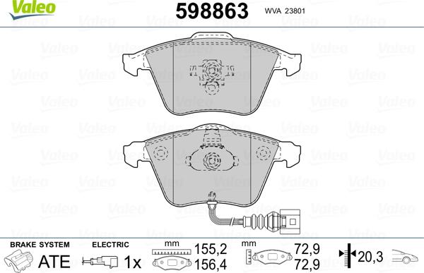 Valeo 598863 - Тормозные колодки, дисковые, комплект www.autospares.lv