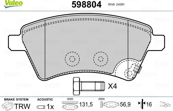 Valeo 598804 - Тормозные колодки, дисковые, комплект www.autospares.lv