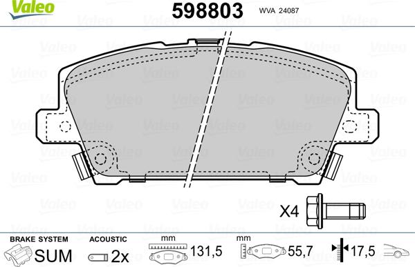 Valeo 598803 - Brake Pad Set, disc brake www.autospares.lv