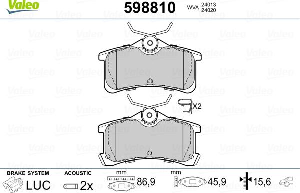 Valeo 598810 - Brake Pad Set, disc brake www.autospares.lv