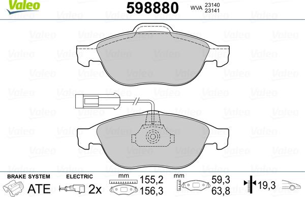 Valeo 598880 - Brake Pad Set, disc brake www.autospares.lv