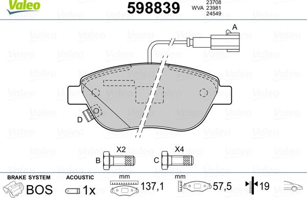 Valeo 598839 - Тормозные колодки, дисковые, комплект www.autospares.lv