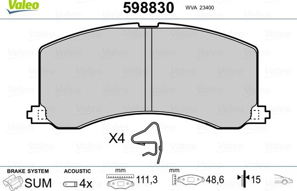 Valeo 598830 - Тормозные колодки, дисковые, комплект www.autospares.lv