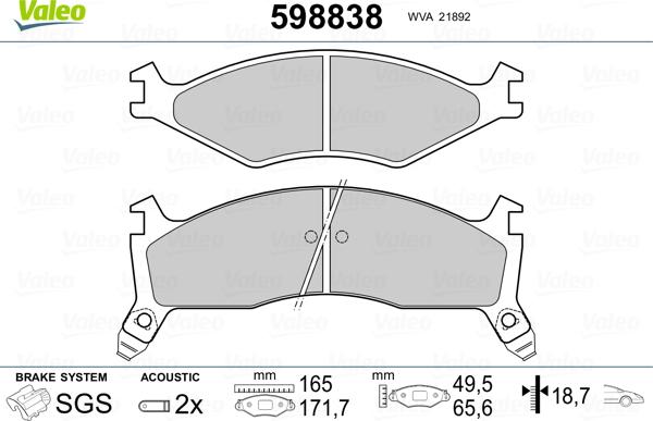 Valeo 598838 - Тормозные колодки, дисковые, комплект www.autospares.lv