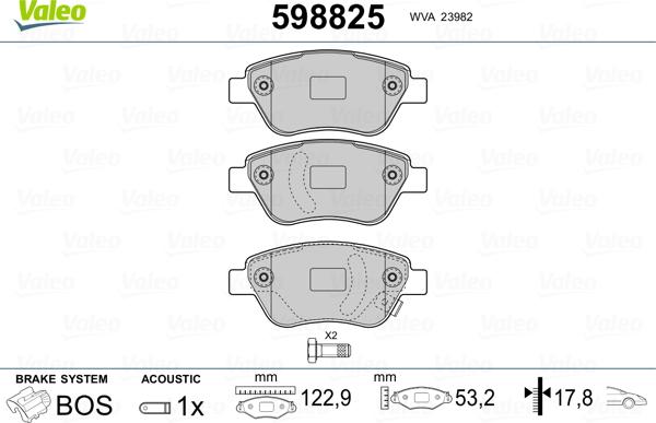 Valeo 598825 - Тормозные колодки, дисковые, комплект www.autospares.lv