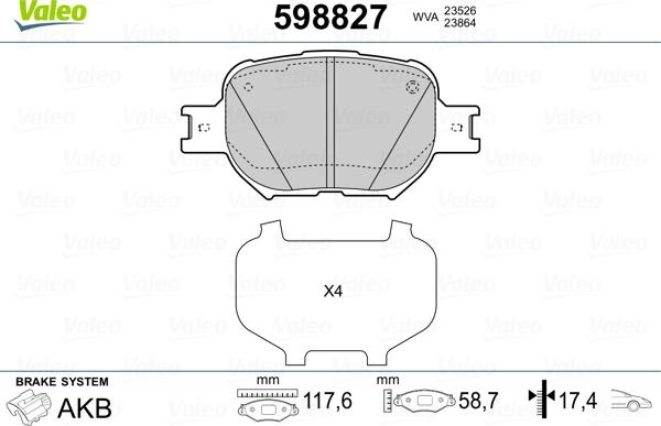 Valeo 598827 - Bremžu uzliku kompl., Disku bremzes www.autospares.lv