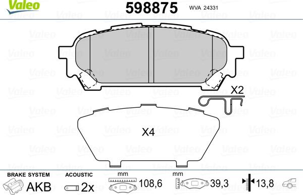 Valeo 598875 - Bremžu uzliku kompl., Disku bremzes www.autospares.lv