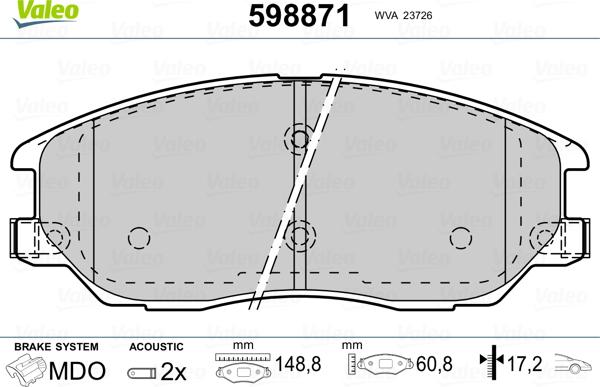 Valeo 598871 - Brake Pad Set, disc brake www.autospares.lv