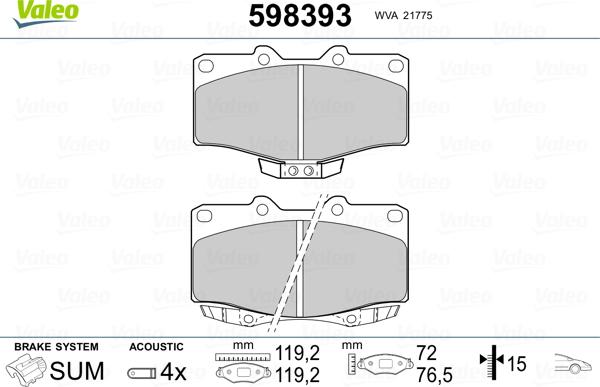 Valeo 598393 - Тормозные колодки, дисковые, комплект www.autospares.lv