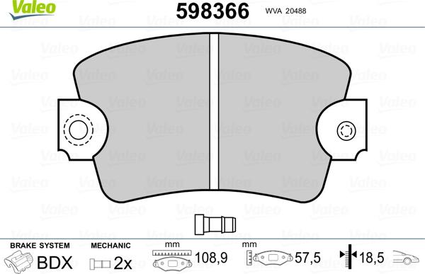 Valeo 598366 - Тормозные колодки, дисковые, комплект www.autospares.lv