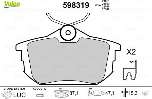 Valeo 598319 - Brake Pad Set, disc brake www.autospares.lv