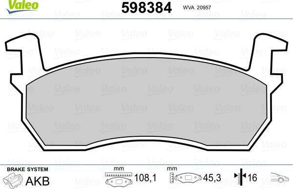 Valeo 598384 - Тормозные колодки, дисковые, комплект www.autospares.lv