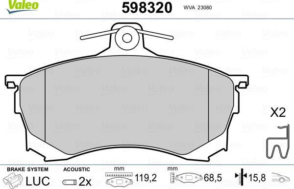 Valeo 598320 - Brake Pad Set, disc brake www.autospares.lv