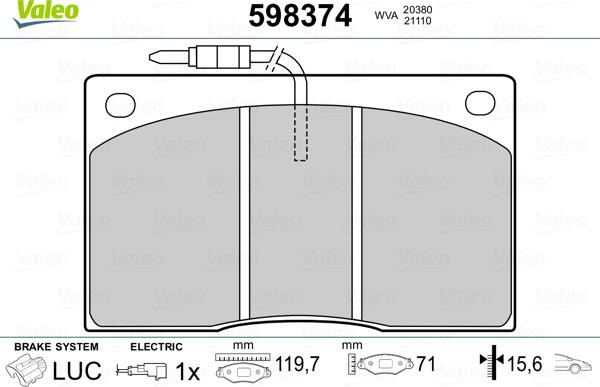 Valeo 598374 - Bremžu uzliku kompl., Disku bremzes www.autospares.lv