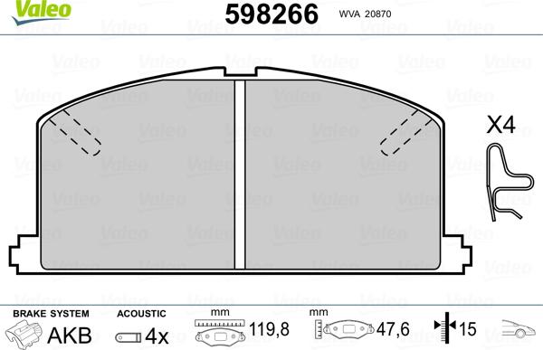 Valeo 598266 - Тормозные колодки, дисковые, комплект www.autospares.lv