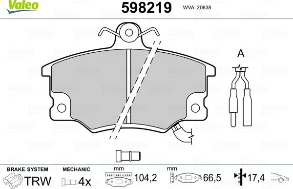 Valeo 598219 - Brake Pad Set, disc brake www.autospares.lv