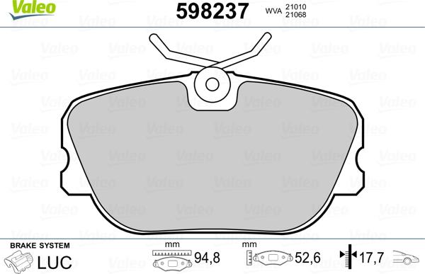 Valeo 598237 - Brake Pad Set, disc brake www.autospares.lv