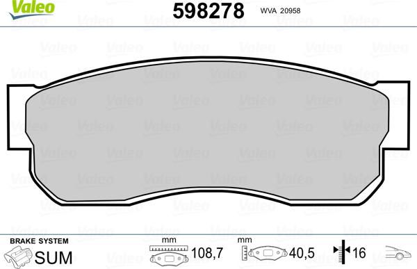 Valeo 598278 - Brake Pad Set, disc brake www.autospares.lv