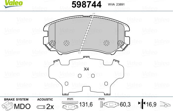 Valeo 598744 - Brake Pad Set, disc brake www.autospares.lv