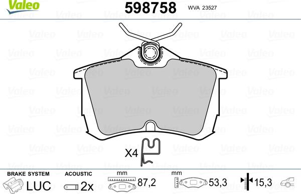 Valeo 598758 - Brake Pad Set, disc brake www.autospares.lv