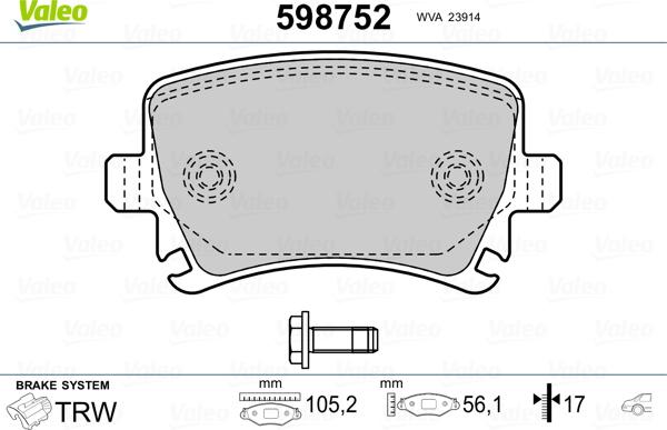 Valeo 598752 - Brake Pad Set, disc brake www.autospares.lv