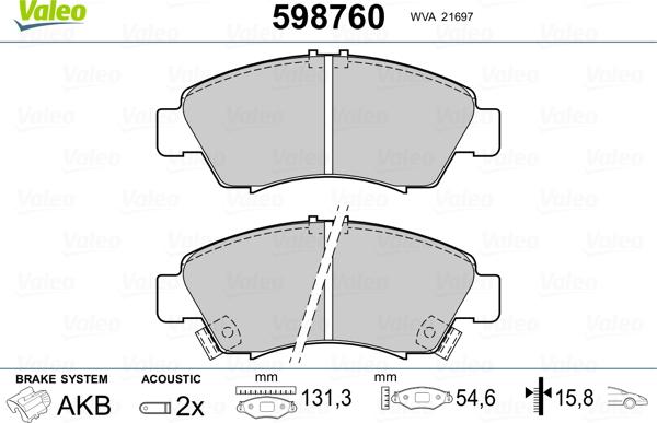 Valeo 598760 - Brake Pad Set, disc brake www.autospares.lv