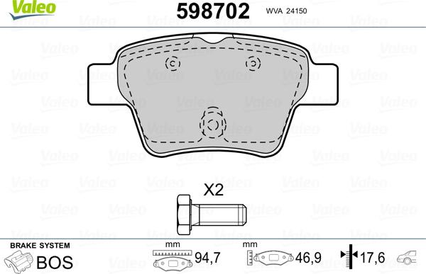 Valeo 598702 - Тормозные колодки, дисковые, комплект www.autospares.lv