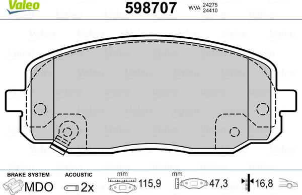 Valeo 598707 - Bremžu uzliku kompl., Disku bremzes www.autospares.lv