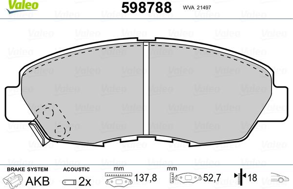 Valeo 598788 - Brake Pad Set, disc brake www.autospares.lv