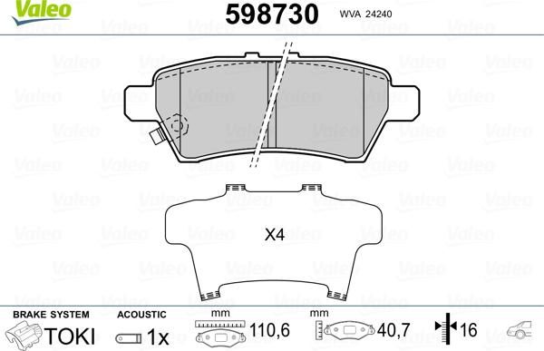 Valeo 598730 - Bremžu uzliku kompl., Disku bremzes www.autospares.lv