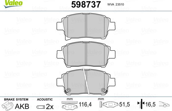 Valeo 598737 - Тормозные колодки, дисковые, комплект www.autospares.lv