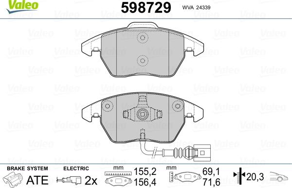 Valeo 598729 - Brake Pad Set, disc brake www.autospares.lv