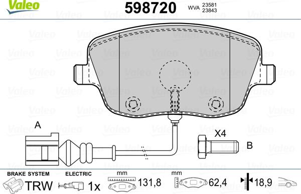 Valeo 598720 - Тормозные колодки, дисковые, комплект www.autospares.lv