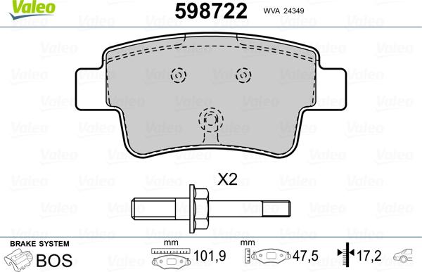 Valeo 598722 - Тормозные колодки, дисковые, комплект www.autospares.lv