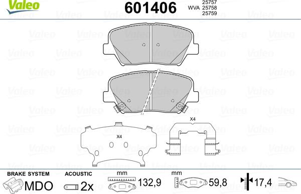 Valeo 601406 - Тормозные колодки, дисковые, комплект www.autospares.lv