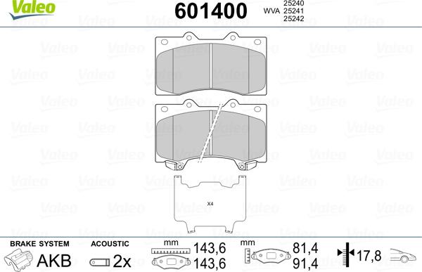 Valeo 601400 - Bremžu uzliku kompl., Disku bremzes www.autospares.lv