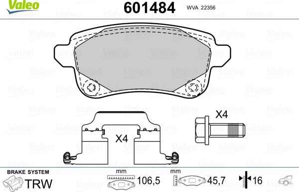 Valeo 601484 - Bremžu uzliku kompl., Disku bremzes www.autospares.lv