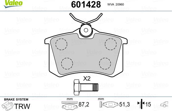 Valeo 601428 - Тормозные колодки, дисковые, комплект www.autospares.lv