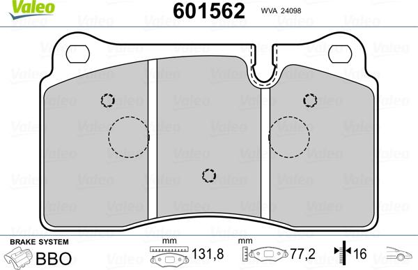 Valeo 601562 - Bremžu uzliku kompl., Disku bremzes www.autospares.lv