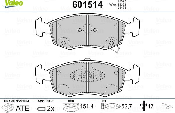 Valeo 601514 - Bremžu uzliku kompl., Disku bremzes www.autospares.lv